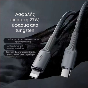 Καλώδιο φόρτισης iPhone πλεκτό με ντένιμ – Lightning & USB-C, PD γρήγορη φόρτιση, μέγ. 27W