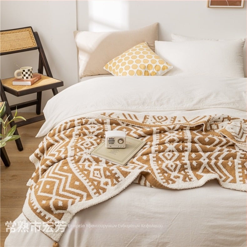 Πλεκτή κουβέρτα καναπέ σε μποέμικο στυλ – ακρυλικό + μισό βελούρο, γεωμετρικό σχέδιο, 800–999 g, παραμετροποίηση