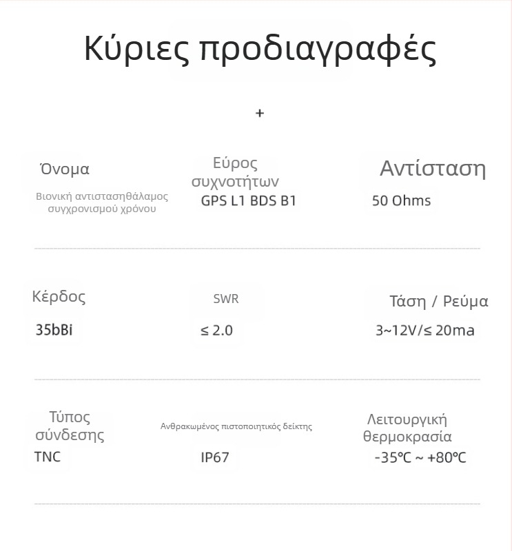 Κεραία GPS χρονισμού IP67 αδιάβροχη για τοποθέτηση, L1/B1 BeiDou, 1575.42MHz, 50Ω, SWR ≤2, 3-12V, TNC-K