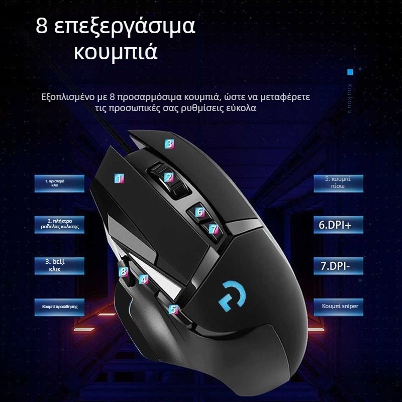 G502 ενσύρματο ποντίκι παιχνιδιών, οπτικός αισθητήρας 5600 DPI, 7 πλήκτρα, USB, εργονομικό