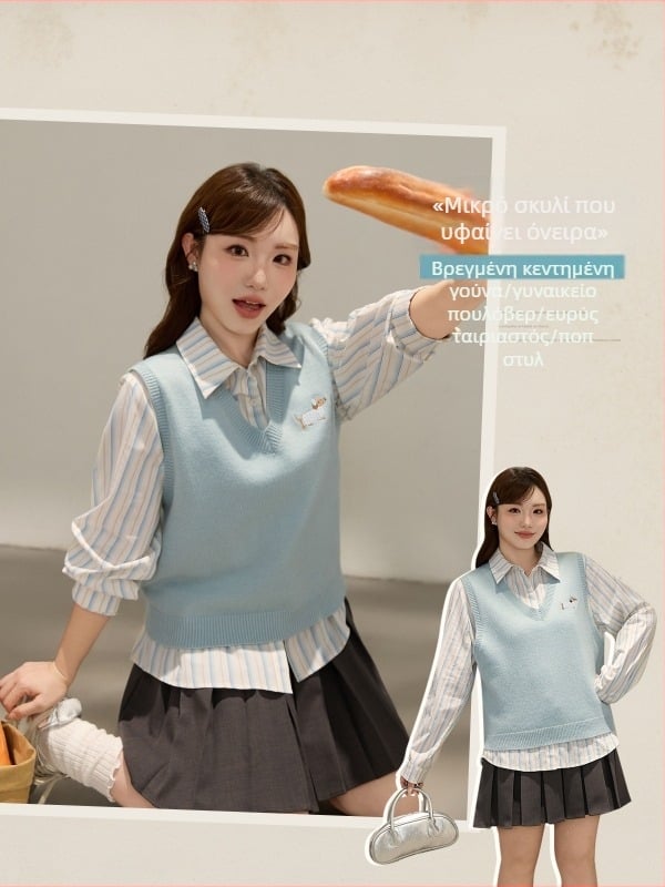 Γυναικείο γιλέκο με V-λαιμό, πλεκτό με κέντημα, σε στρώσεις, Κορεάτικο στυλ, μοτίο ζώων, ακρυλικό ύφασμα, φθινοπωρινή έκδοση 2025