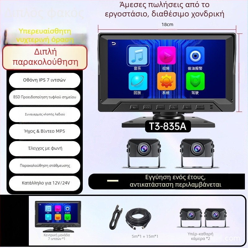 Φορτηγό – Οθόνη οδήγησης αυτοκινήτου με DVR, τετρακαναλικό σύστημα παρακολούθησης, 24V, 1080p, 160°, οθόνη αφής, αντίστροφη εικόνα