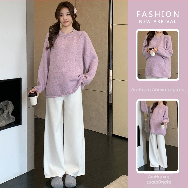 Μπλούζα εγκυμοσύνης, κορεατικού στυλ, casual με κουκούλα, φαρδιά γραμμή, μακριά μανίκια, στρογγυλό λαιμό, μονόχρωμο πλεκτό ύφασμα (ακρυλικό 30–50%, πολυεστέρας 30–50%)