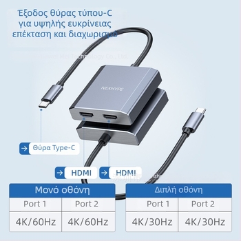 Type-C σε διπλό HDMI docking station, 1–2 HDMI έξοδοι, 21Gbps εύρος ζώνης, καλώδιο 0,2 m