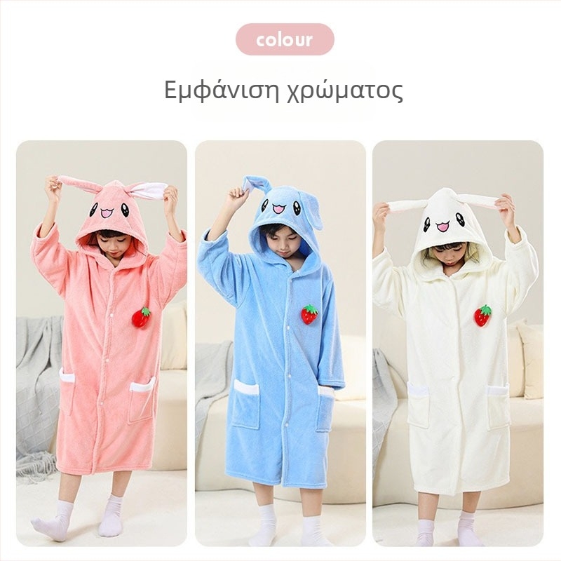 Παιδική Καλυμμένη Πετσέτα Μπάνιου με Κουκούλα από Coral Velvet, Επένδυση από Γούνα Κουνελιού, Γρήγορο Στέγνωμα, Unisex, Άνοιξη