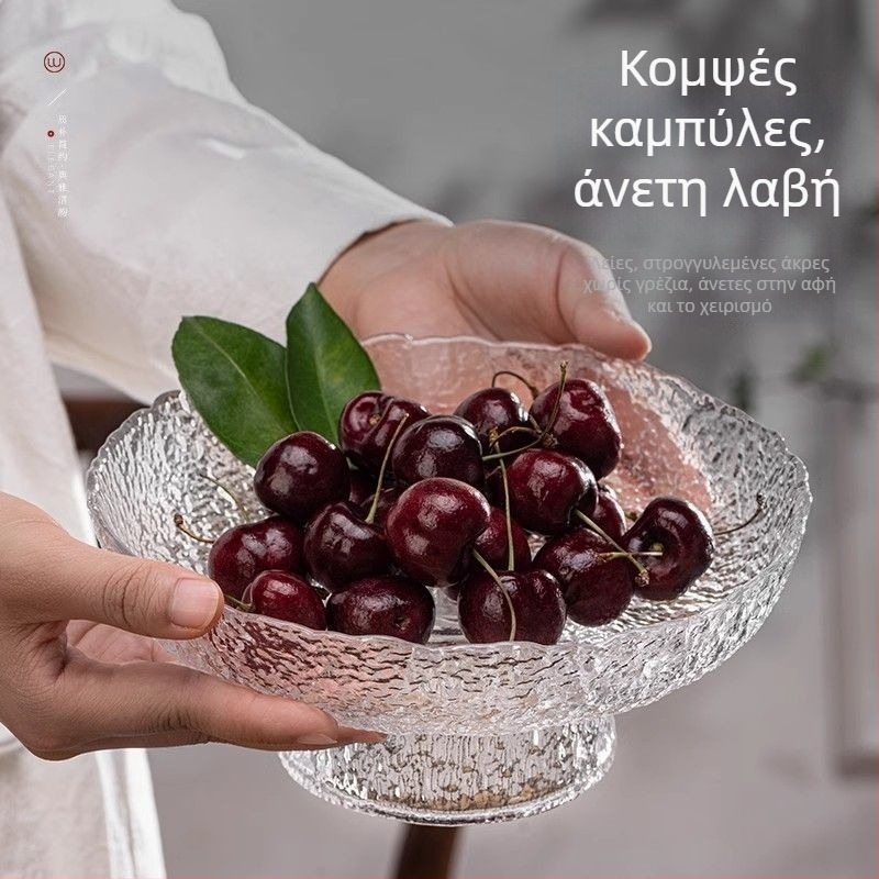 Γυάλινο πιάτο φρούτων με υψηλά πόδια και ρηχό χείλος για σαλόνι, μοντέρνο μινιμαλιστικό διακοσμητικό για τραπεζάκι καφέ
