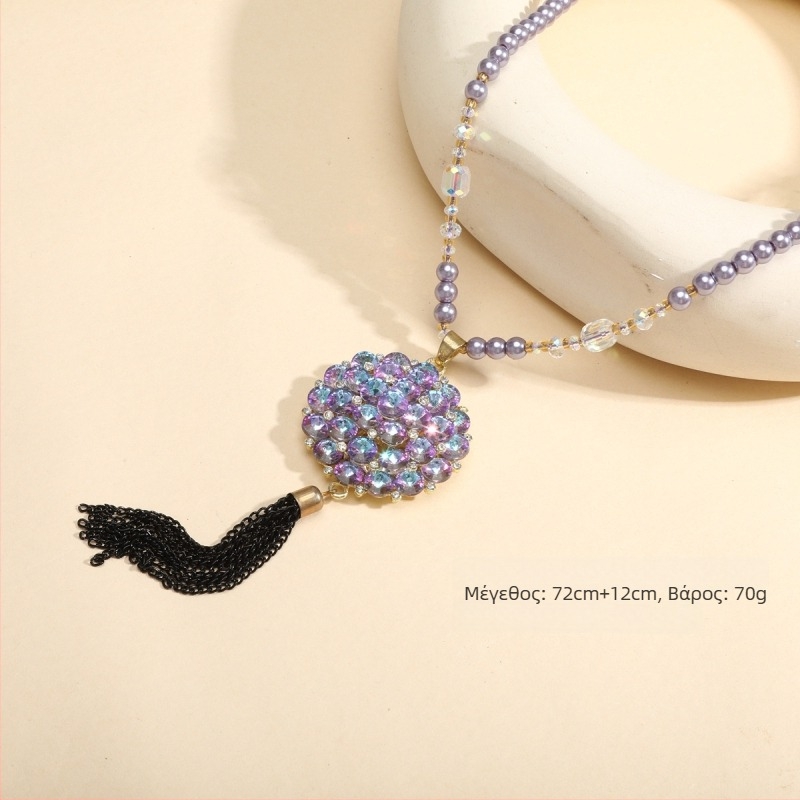 Μακρύ κολιέ για πουλόβερ από κράμα, γυναικείο βιντάζ στυλ, καρό μοτίβο, αλυσίδα μπάλα, τεχνητός κρύσταλλος, επεξεργασία και παραμετροποίηση διαθέσιμες