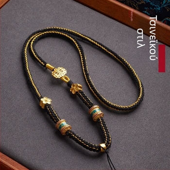 Κορδόνι με νεφρίτη, φυλακτό Βούδα, Θάγκκα στυλ, χειροποίητο πλεκτό βαμβακερό νήμα, κράμα ασημιού 800