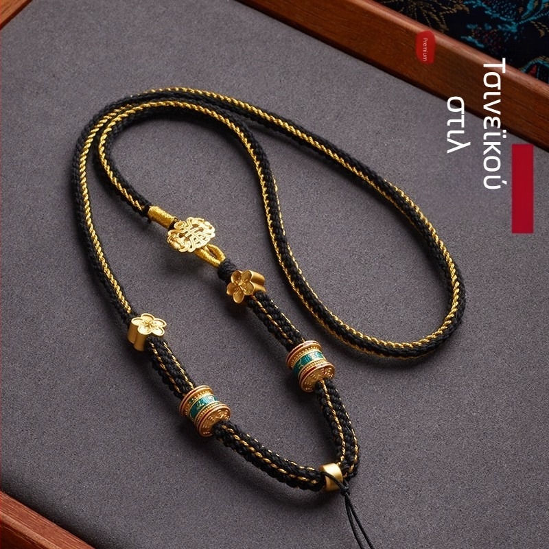 Κορδόνι με νεφρίτη, φυλακτό Βούδα, Θάγκκα στυλ, χειροποίητο πλεκτό βαμβακερό νήμα, κράμα ασημιού 800