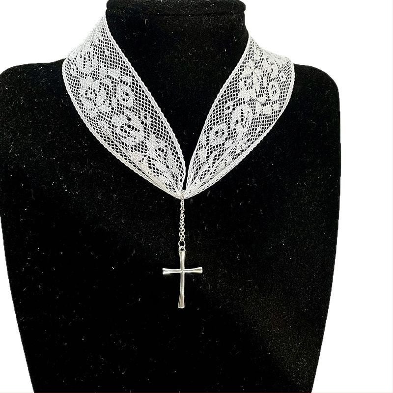 Choker κολιέ με σταυρό, δαντελένιες λεπτομέρειες στην αλυσίδα, μικτά υλικά, κρεμαστό από κράμα, γλυκό–δροσερό στυλ