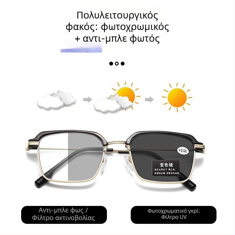 Γυαλιά ανάγνωσης με μεταλλικό πλαίσιο, αντι-μπλε φως, φωτοχρωματικές HD φακοί, πλήρες πλαίσιο, υποστήριξη κοντινής όρασης