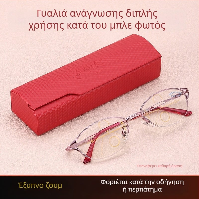 Γυναικεία προοδευτικά γυαλιά ανάγνωσης – πολυεστιακοί φακοί, αντι-μπλε φως, ακρυλικοί φακοί, μεταλλικός ημι-σκελετός, στρογγυλός σκελετός