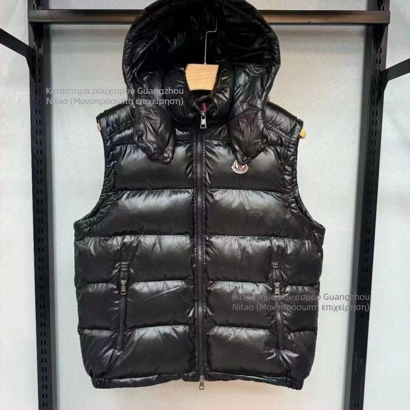 Γιλέκο με κουκούλα από πούπουλο πάπιας, unisex, παχύτερο κοντό μοντέλο, γέμισμα από πούπουλο πάπιας, φερμουάρ