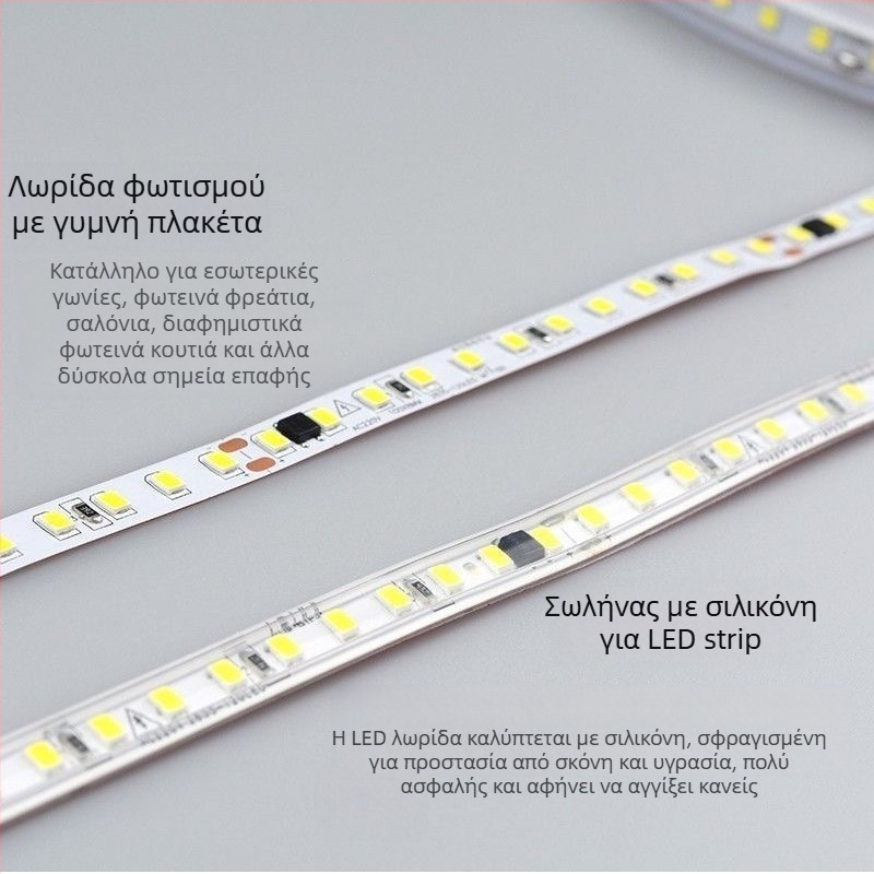 Μονόχρωμη LED λωρίδα 220V – γραμμικό ενσωματωμένο φως για βιτρίνες, αυτοκόλλητη διακοσμητική λωρίδα, 10–15W, LED τσιπ Xing jian, CRI 60–79