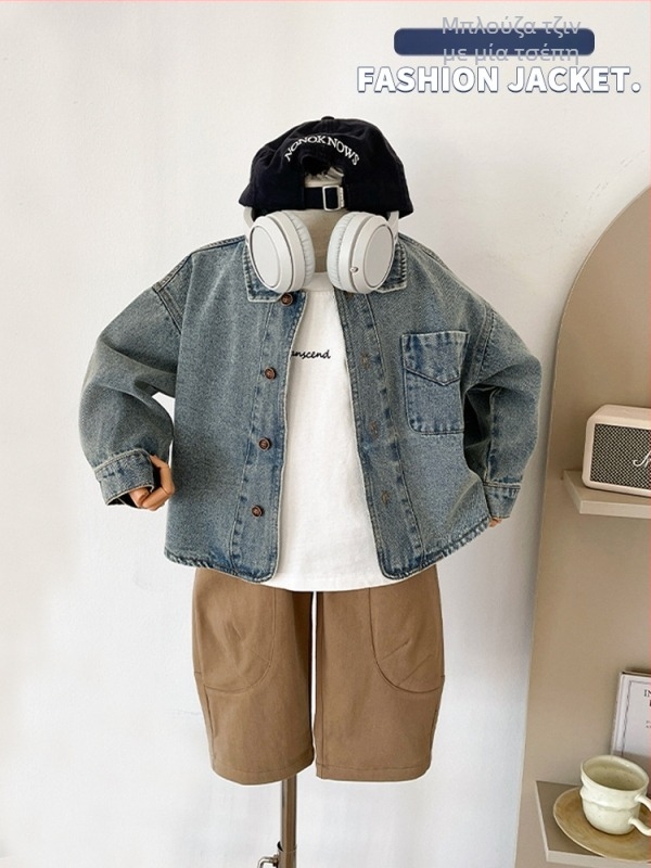 Παιδικό τζιν πουκάμισο – Unisex μακρυμάνικο, Turn-Down γιακάς, μονόχρωμο σχέδιο, άνοιξη (Κύριο ύφασμα: 75,6% βαμβάκι; Γιακάς: Turn-Down; Μάκρυ μανικιών: μακριά)