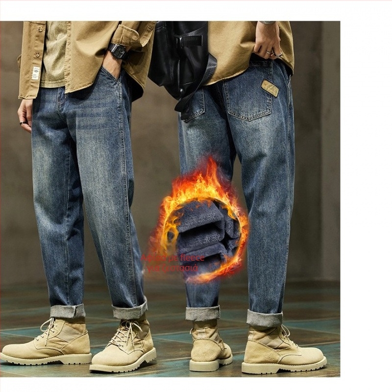 Ανδρικά τζιν με επένδυση φλίς, χαλαρή γραμμή, μεσαία μέση, χειμώνας 2025