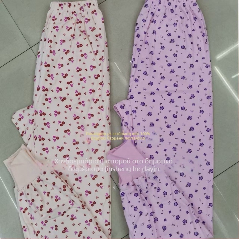 Γυναικείοι παντελόνες από βαμβάκι με φλοράλ εκτύπωση, ζεστά, μονής στρώσης, 100% βαμβάκι, βάρος ύφασματος 181–200 g/m²