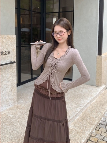 Γυναικεία μακρυμάνικη μπλούζα T‑shirt με μοτίβο φιόγκο, βισκόζη, στενή γραμμή, κοντό μήκος