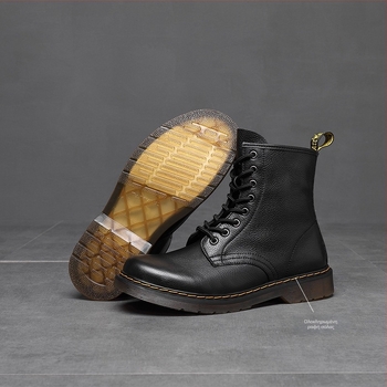 Μάρτιν μποτάκια από μαλακό δέρμα, 8 οπές για κορδόνια, Crinkle δέρμα επάνω, μπροστινό κλείσιμο με κορδόνι, σόλα από τένοντα βοδιού, χειμερινό μοντέλο, χαμηλό τακούνι