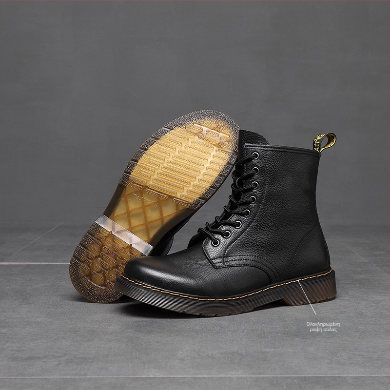 Μάρτιν μποτάκια από μαλακό δέρμα, 8 οπές για κορδόνια, Crinkle δέρμα επάνω, μπροστινό κλείσιμο με κορδόνι, σόλα από τένοντα βοδιού, χειμερινό μοντέλο, χαμηλό τακούνι