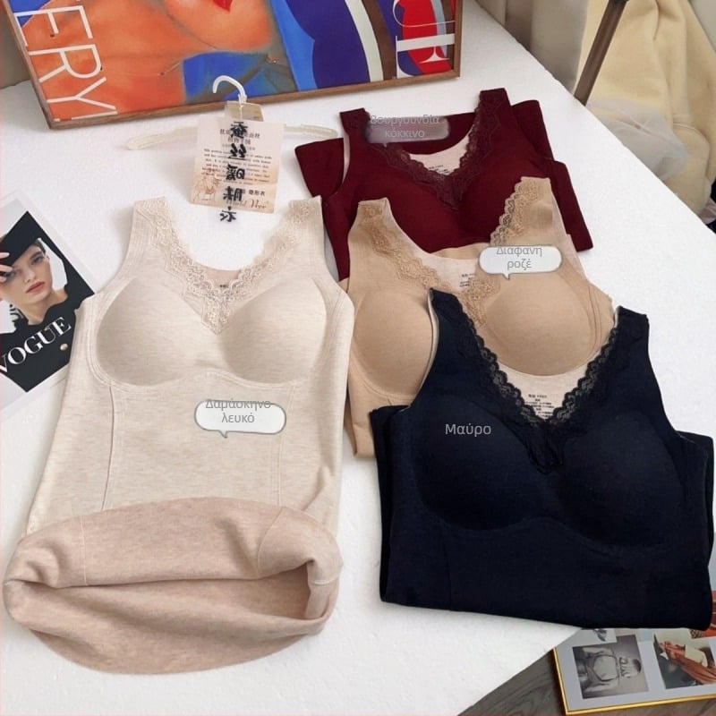 Θερμική καμισόλ με V-λαιμό, δαντέλα, ενσωματωμένες cups με επένδυση, ύφασμα βισκόζη, βελούδινο τελείωμα, μονοχρωπικό σχέδιο, μεσαίου βάρους 181-200 g/m², κατάλληλη για εξωτερική χρήση