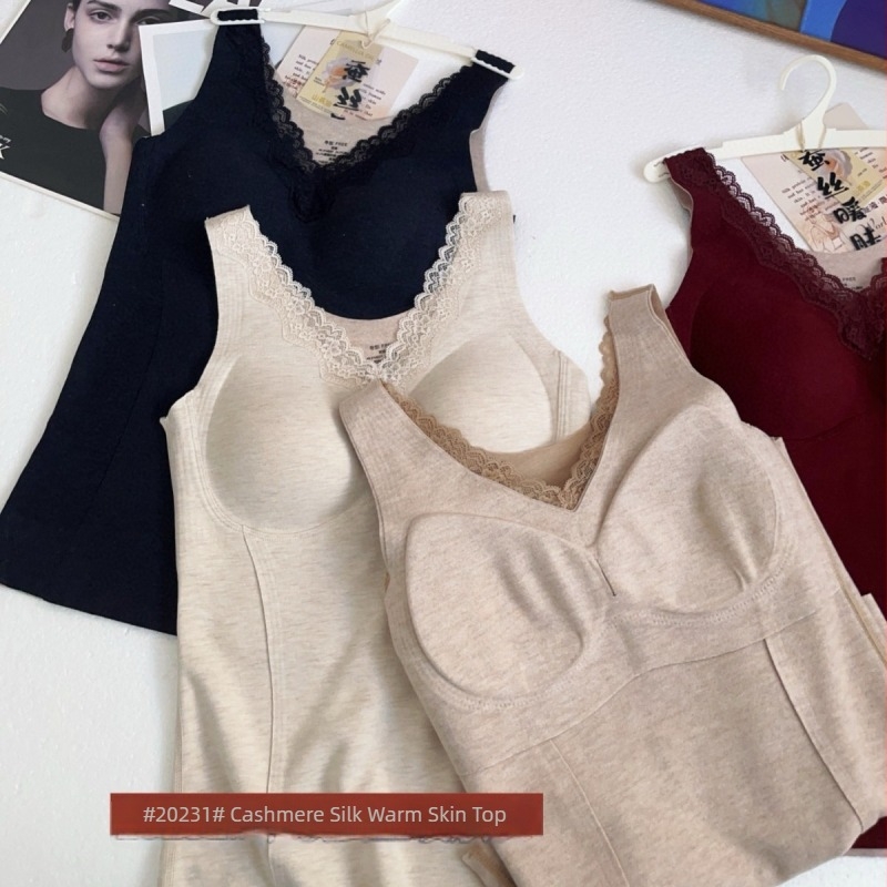 Θερμική καμισόλ με V-λαιμό, δαντέλα, ενσωματωμένες cups με επένδυση, ύφασμα βισκόζη, βελούδινο τελείωμα, μονοχρωπικό σχέδιο, μεσαίου βάρους 181-200 g/m², κατάλληλη για εξωτερική χρήση