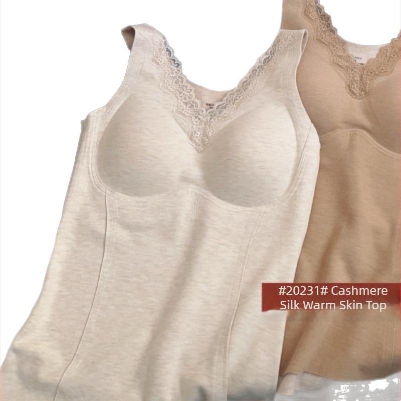 Θερμική καμισόλ με V-λαιμό, δαντέλα, ενσωματωμένες cups με επένδυση, ύφασμα βισκόζη, βελούδινο τελείωμα, μονοχρωπικό σχέδιο, μεσαίου βάρους 181-200 g/m², κατάλληλη για εξωτερική χρήση