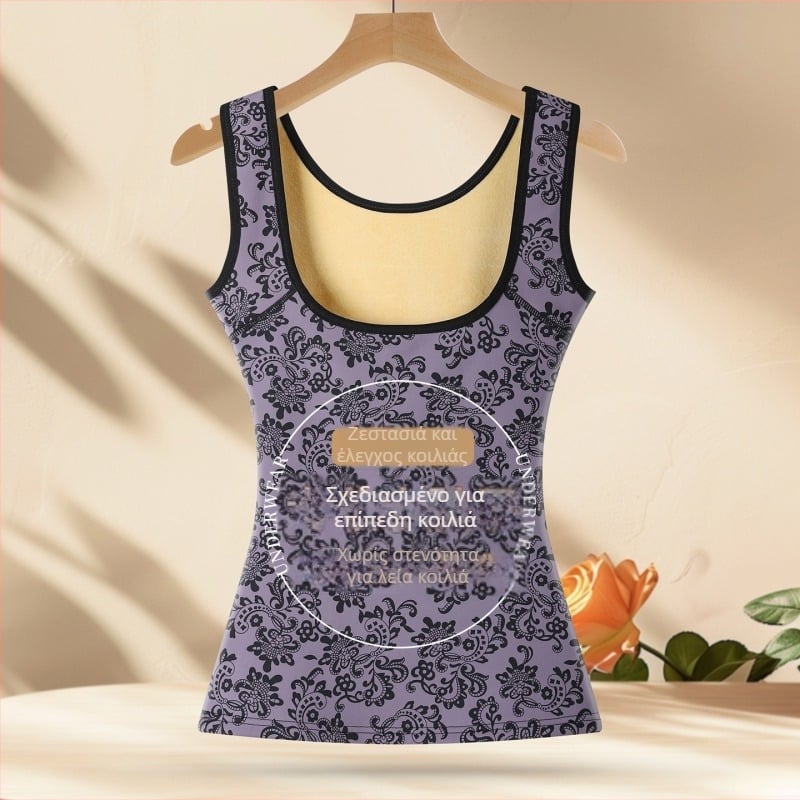 Θερμικό γιλέκο με φλίς επένδυση, παχιά κατασκευή, στήριξη στήθους, έλεγχος κοιλιάς, ανθώδες μοτίβο