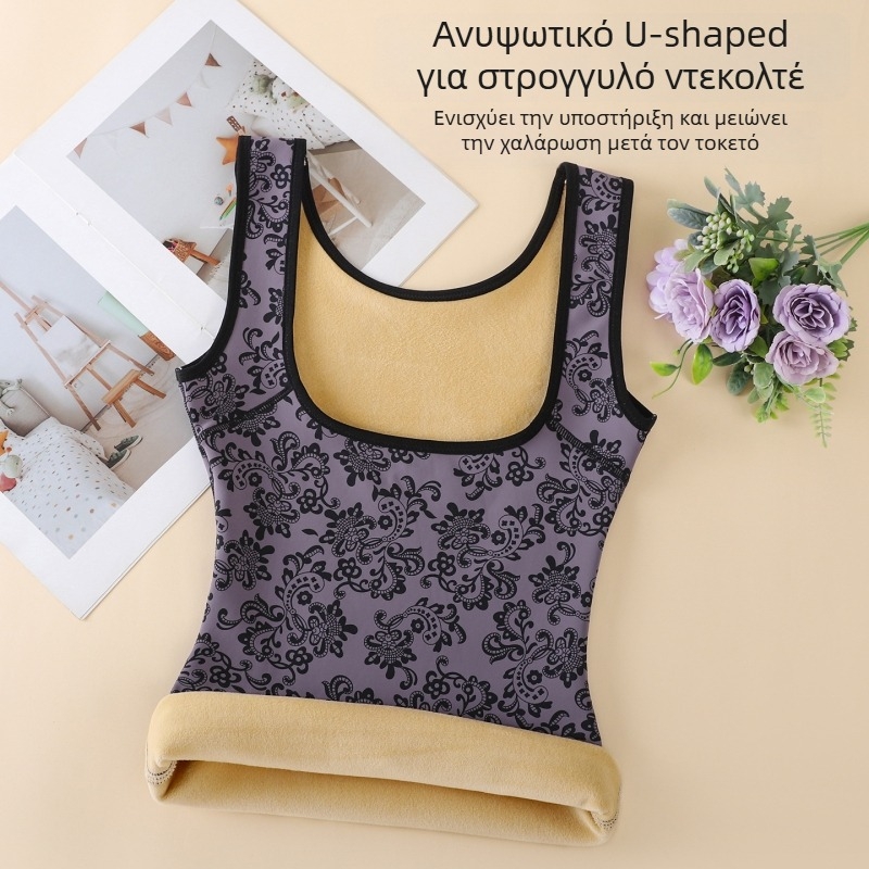 Θερμικό γιλέκο με φλίς επένδυση, παχιά κατασκευή, στήριξη στήθους, έλεγχος κοιλιάς, ανθώδες μοτίβο