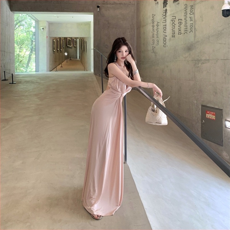 Φόρεμα από πολυεστέρα σε γραμμή Α, μακρύ, χωρίς μανίκια, υψηλή μέση, μονόχρωμο, λεπτομέρειες κολλάζ