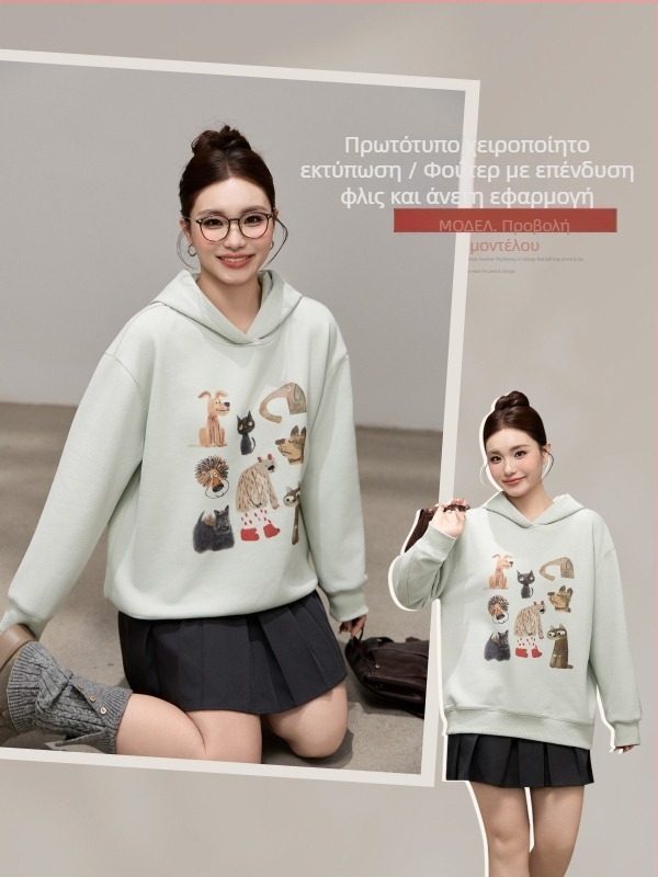 Φούτερ με κουκούλα από βαμβάκι, επένδυση φλίς, παχύ, χαλαρή γραμμή, μακριά μανίκια