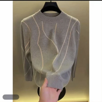 Πλεκτό πουλόβερ με ριγέ, στρογύλος λαιμός, χαλαρή γραμμή, μακριά μανίκια, πολυεστερική ανάμειξη, φινίρισμα χωρίς σιδέρωμα