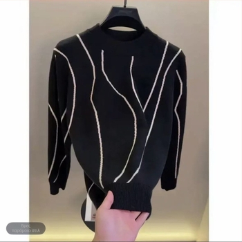 Πλεκτό πουλόβερ με ριγέ, στρογύλος λαιμός, χαλαρή γραμμή, μακριά μανίκια, πολυεστερική ανάμειξη, φινίρισμα χωρίς σιδέρωμα