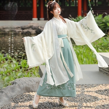 Σετ Hanfu γυναικών με φαρδιές μανίκια και μακριά φούστα στη μέση, κεντήματα; κύριο ύφασμα Vinylon 80%, επένδυση πολυεστέρας 10%, καταχωρήθηκε το 2021