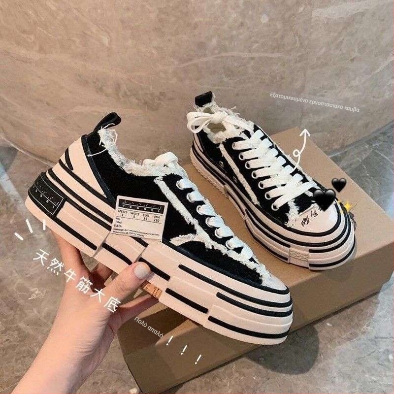 Γυναικεία υφασμάτινα παπούτσια, με ψηλό ύψος, ριγέ μοτίβο, παχιά σόλα από πολυουρεθάνη, με κορδόνια