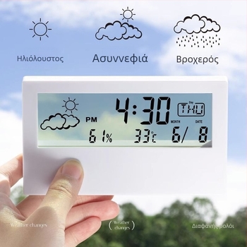 Ρολόι επιτραπέζιο με LCD οθόνη, θερμόμετρο, υγρασία, ένδειξη μήνα, τροφοδοσία με μπαταρία, μοντέρνος μινιμαλιστικός σχεδιασμός