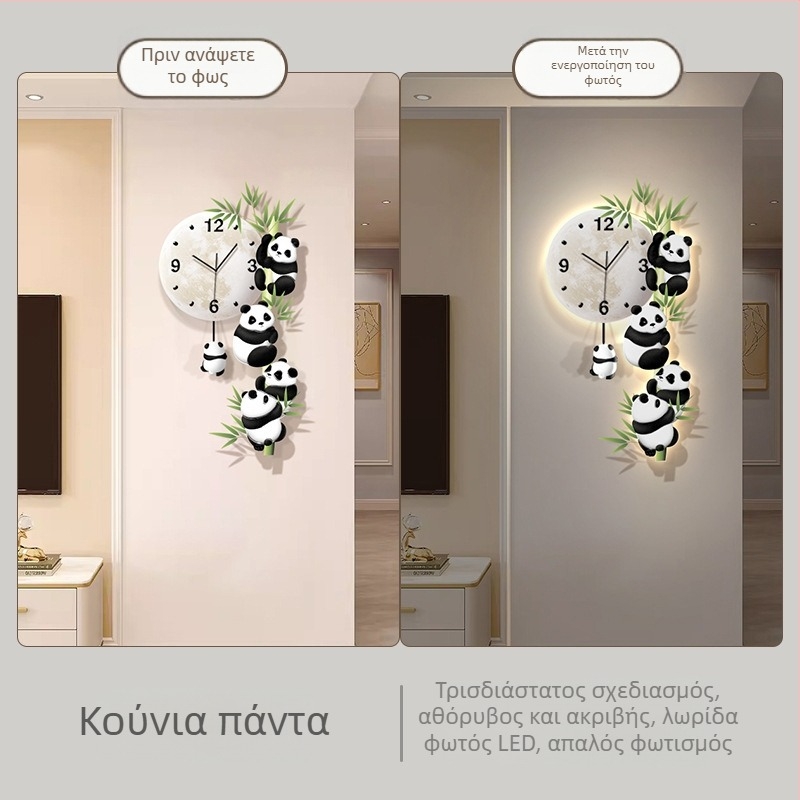 Ρολόι τοίχου με πάντα που κουνιέται, διακοσμητική ζωγραφιά για το σαλόνι, LED οθόνη και κρεμαστή τέχνη τοίχου