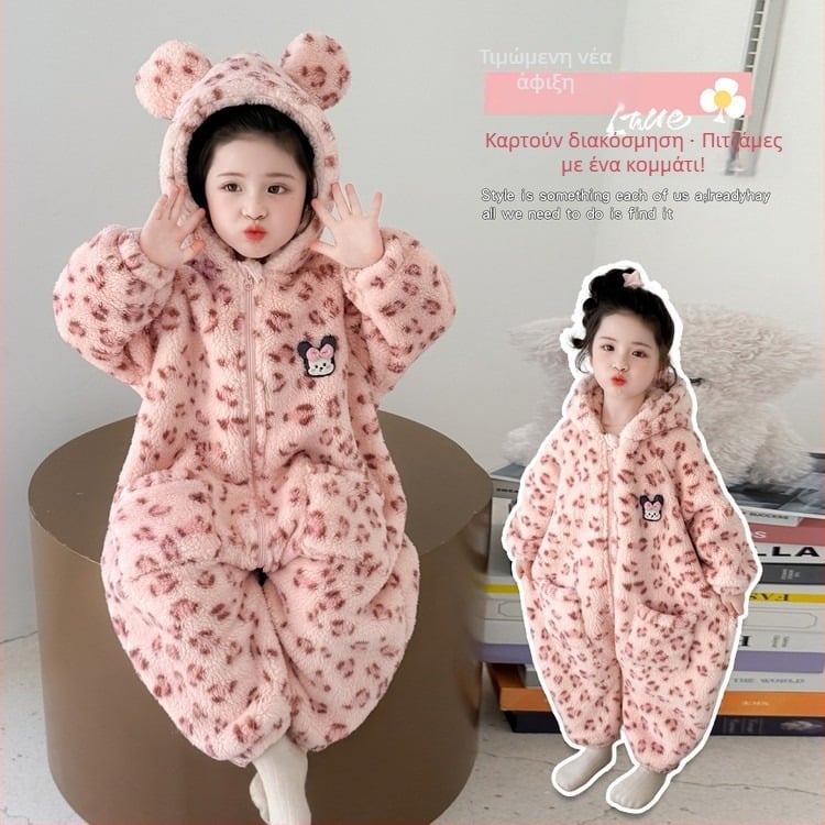 Κοριτσίστικη ολόσωμη χειμερινή πιτζάμα με υπνόσακο, παχιά φλάνελα, 60% πολυεστέρας, κορεατικό στυλ, για 3–8 ετών