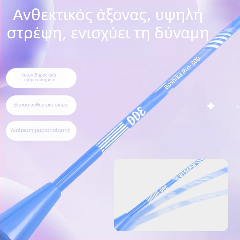 Σετ μπατμιντον για ενήλικες – διπλή ρακέτα, πλαίσιο από κράμα σιδήρου, νάιλον κορδόνια, βάρος 95–100 g, πλευρικός χτύπος