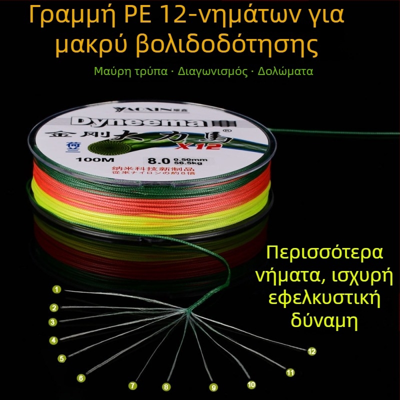 Κύρια γραμμή, PE πλεγμένη με 12-, 8- και 4-νήματα για μακρινές ρίψεις, υψηλή αντοχή, δύναμη ψαρέματος 10–100 kg
