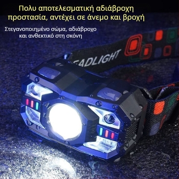 Φακός κεφαλής ABS, LED 10W, 1200mAh, επαναφορτιζόμενος, εμβέλεια 200–500m