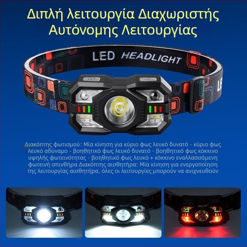 Φακός κεφαλής ABS, LED 10W, 1200mAh, επαναφορτιζόμενος, εμβέλεια 200–500m