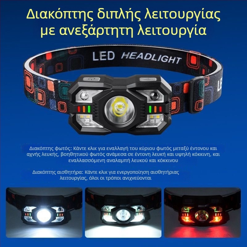 Φακός κεφαλής ABS, LED 10W, 1200mAh, επαναφορτιζόμενος, εμβέλεια 200–500m
