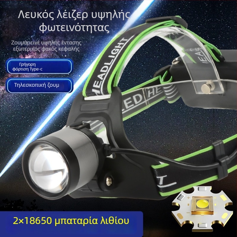 Laser κεφαλικός φακός, 10W, επαναφορτιζόμενη μπαταρία 1200mAh, σώμα από κράμα αλουμινίου, εμβέλεια ≥500m