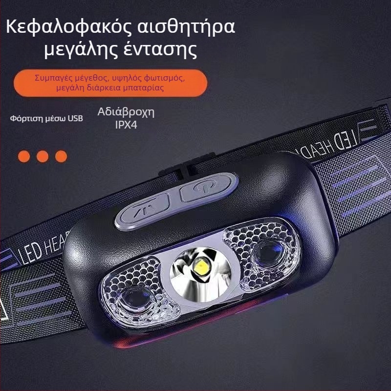 Κεφαλόφως COB LED, αλουμινένιο σώμα, χειροκίνητη γεννήτρια κίνησης, εμβέλεια έως 500 m, συμπαγές φως νυχτερινής αλιείας
