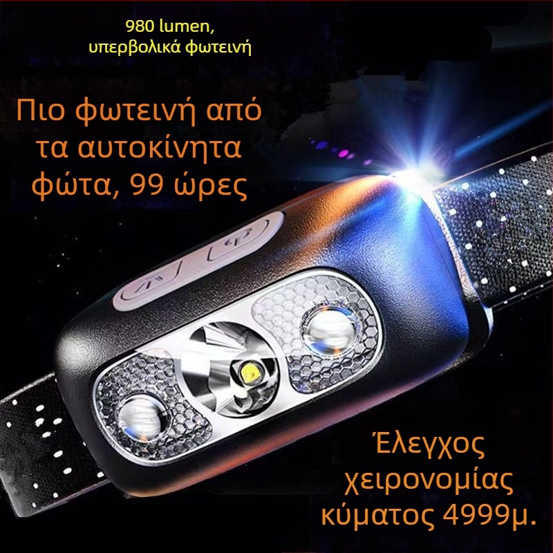 Κεφαλόφως COB LED, αλουμινένιο σώμα, χειροκίνητη γεννήτρια κίνησης, εμβέλεια έως 500 m, συμπαγές φως νυχτερινής αλιείας