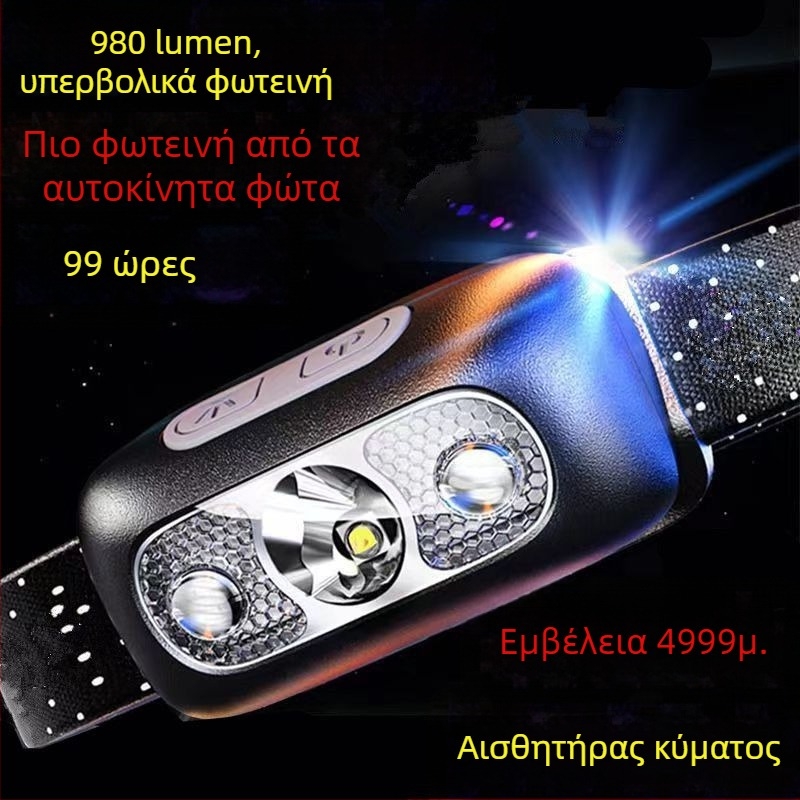 Κεφαλόφως COB LED, αλουμινένιο σώμα, χειροκίνητη γεννήτρια κίνησης, εμβέλεια έως 500 m, συμπαγές φως νυχτερινής αλιείας