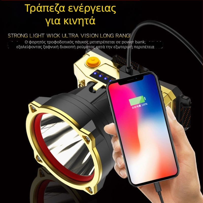 Κεφαλοφανάρι LED 10W, επαναφορτιζόμενη μπαταρία λιθίου 1500mAh, δέσμη 100–200 m, φωτισμός εξωτερικού χώρου χωρίς χρήση χεριών