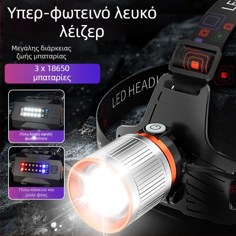 Φακός κεφαλής LED με τηλεσκοπικό ζουμ, αλουμινένιο κεφάλι, υψηλή φωτεινότητα, μακρά διάρκεια μπαταρίας, εξωτερική χρήση για ψάρεμα, φακός κεφαλής