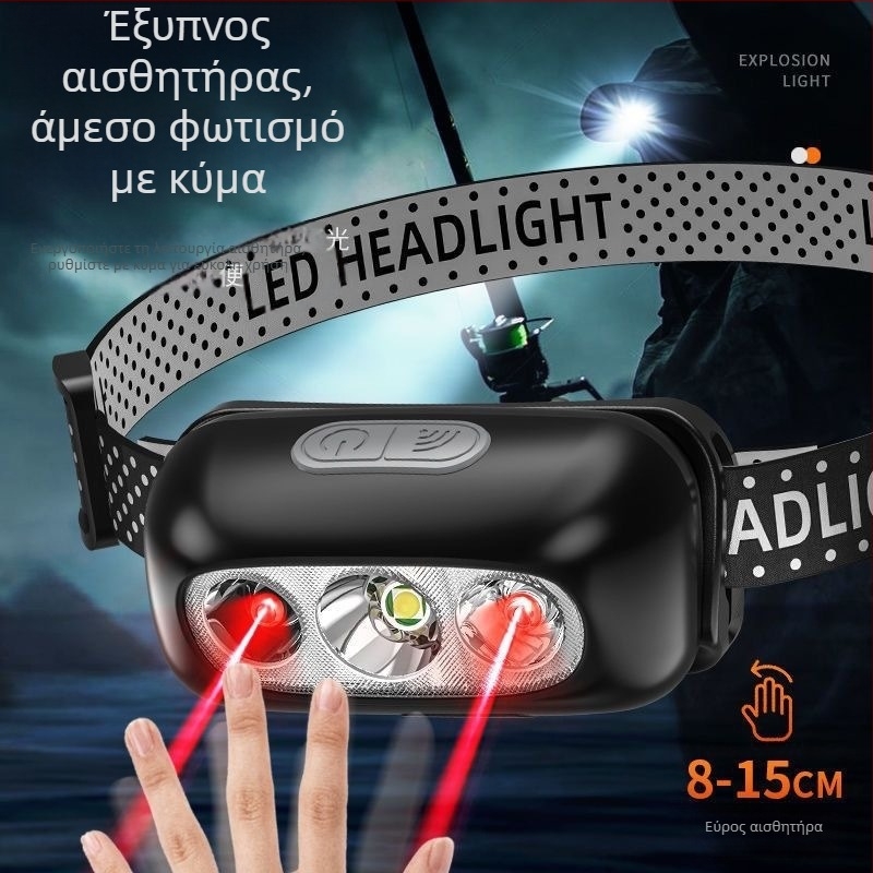 LED φακός κεφαλής για ψάρεμα, επαναφορτιζόμενος, LED φωτισμός, βάρος περίπου 40 g, αναπνέουσα ελαστική ζώνη κεφαλιού